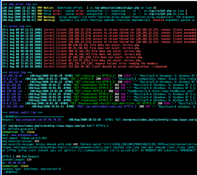 Colored Apache Server Logs Scrolling Display