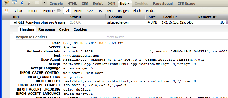 Firebug Net view of Request Headers added to Response Headers with Htaccess