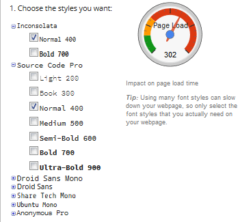 Select Fonts and see Page Speed