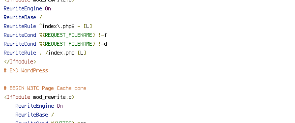 DEFLATE, DOCUMENT_ROOT, ENV, HTTP_COOKIE, HTTP_HOST, HTTPS, POST, QUERY_STRING, REQUEST_FILENAME, REQUEST_METHOD, REQUEST_URI, SERVER_PORT, W3TC_ENC, W3TC_PREVIEW, W3TC_SSL