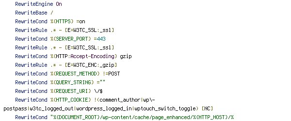 DEFLATE, DOCUMENT_ROOT, ENV, HTTP_COOKIE, HTTP_HOST, HTTPS, POST, QUERY_STRING, REQUEST_FILENAME, REQUEST_METHOD, REQUEST_URI, SERVER_PORT, W3TC_ENC, W3TC_SSL