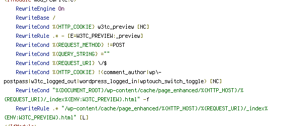 DEFLATE, DOCUMENT_ROOT, ENV, HTTP_COOKIE, HTTP_HOST, POST, QUERY_STRING, REQUEST_FILENAME, REQUEST_METHOD, REQUEST_URI, W3TC_PREVIEW