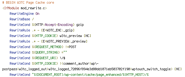 DEFLATE, DOCUMENT_ROOT, ENV, HTTP_COOKIE, HTTP_HOST, POST, QUERY_STRING, REQUEST_FILENAME, REQUEST_METHOD, REQUEST_URI, W3TC_ENC, W3TC_PREVIEW